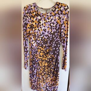 Halston Heritage Dress, Size M, Purple, Black & Gold Geometric Pattern.
